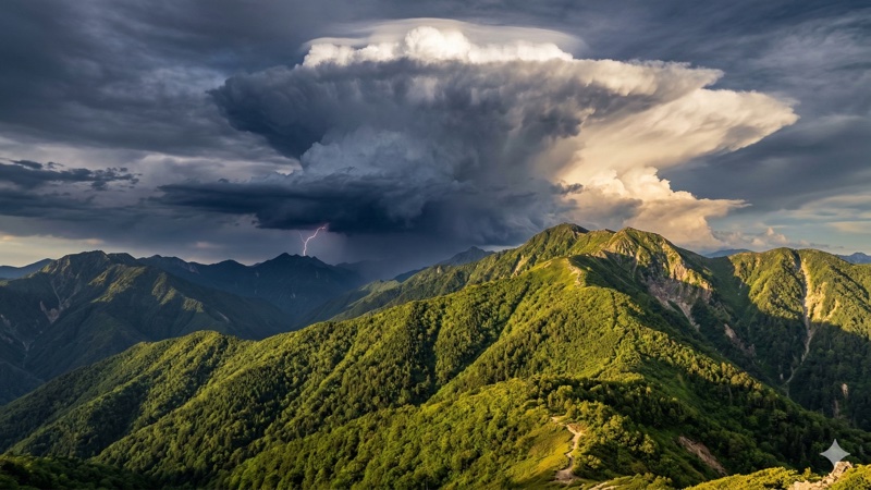 山の午後に発達する積乱雲と雷雨の様子