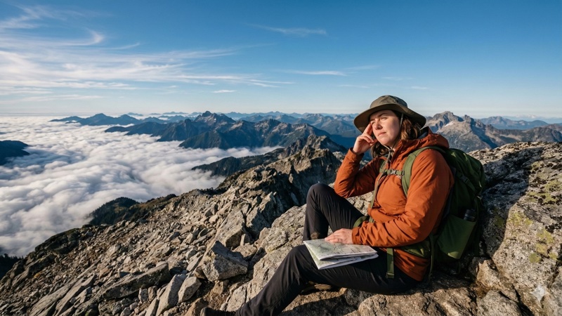 標高の高い稜線を歩く登山者
