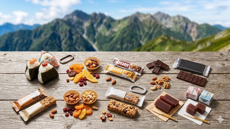 登山用の行動食（ナッツ・羊羹・エネルギーバーなど）
