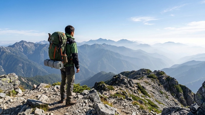 さまざまな体型の登山者が山を歩く様子