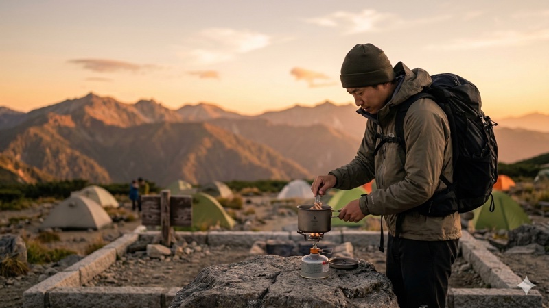 国立公園の火気注意看板と登山者