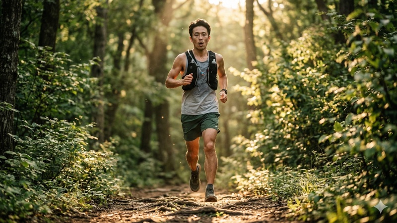 山道でインターバル歩行トレーニングをする人