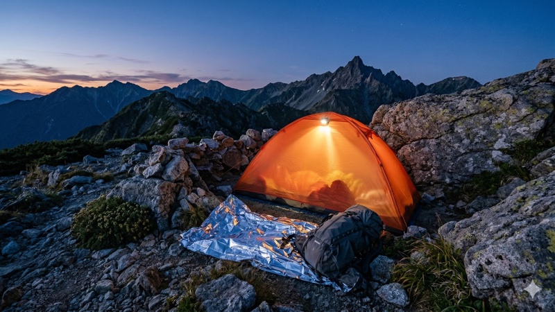 山中でツェルトを設営する登山者