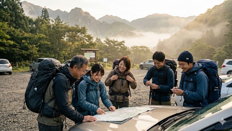 山頂で仲間と記念撮影する登山者グループ