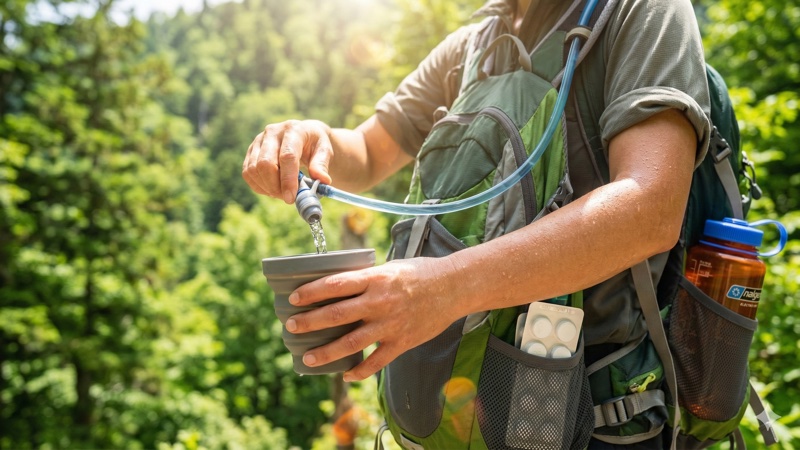 夏山で水分補給をする登山者