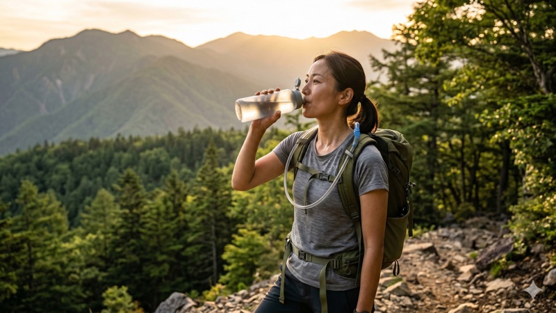 登山中に水筒から水分補給する登山者