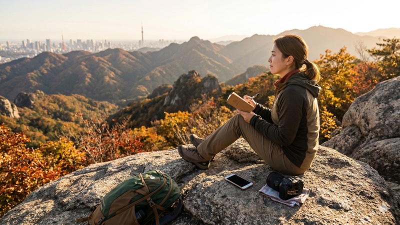 山行記録をメモ帳に書き込む登山者の手元