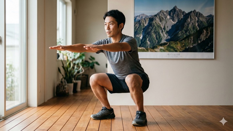 登山トレーニングのスクワットをする人