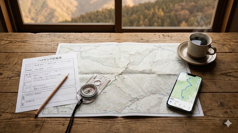 登山計画書に記入する登山者の手元