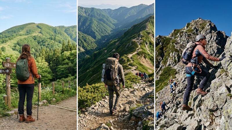 登山・ハイキング・トレッキングの違いを比較するイメージ