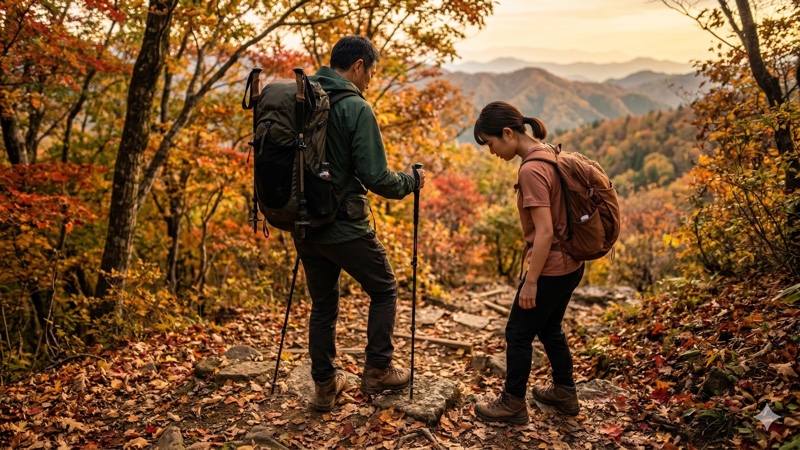 経験者と一緒に登山道を歩く初心者