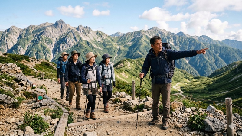 プロの登山ガイドと一緒に山を歩く登山者