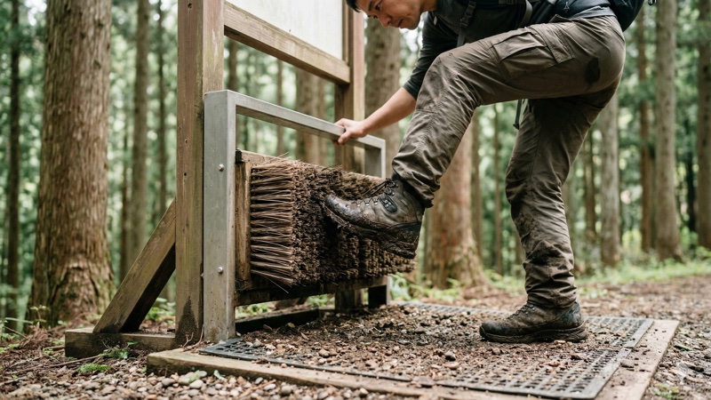 登山靴の靴底をブラシで清掃する様子