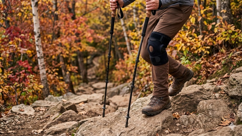 下山中に膝をケアする登山者
