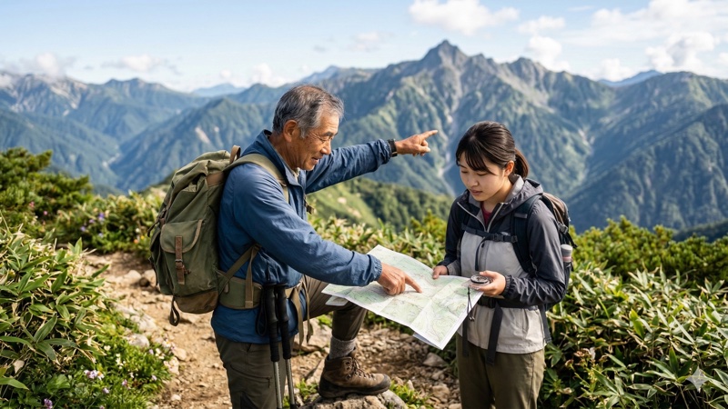 経験者から地図の読み方を教わる初心者