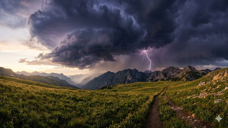 山の稜線に近づく雷雲
