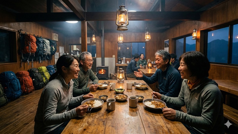 登山道で挨拶を交わす登山者たち