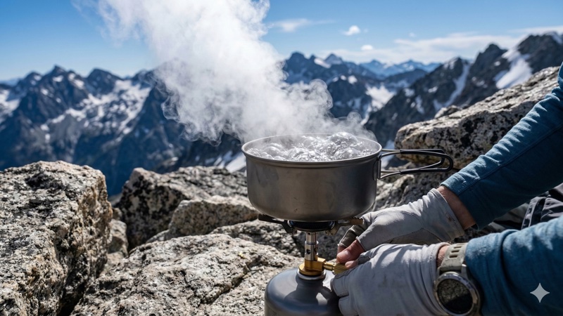 山頂でクッカーを使って調理する登山者