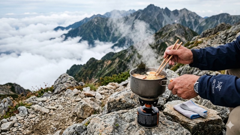山頂でクッカーを使ってラーメンを作る登山者