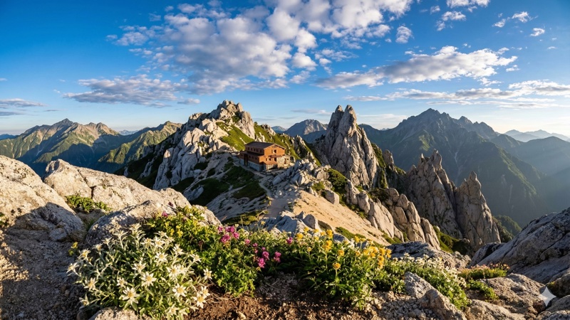 北アルプスの稜線と山小屋の風景
