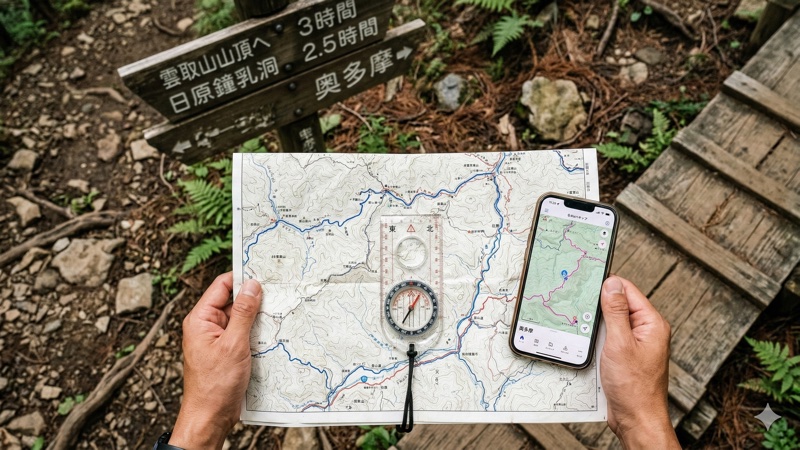 登山地図でコースタイムを確認する手元