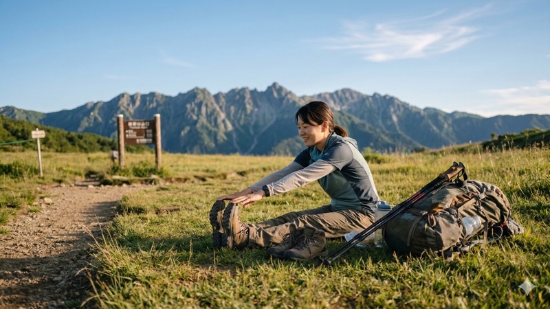 登山後にストレッチをする人
