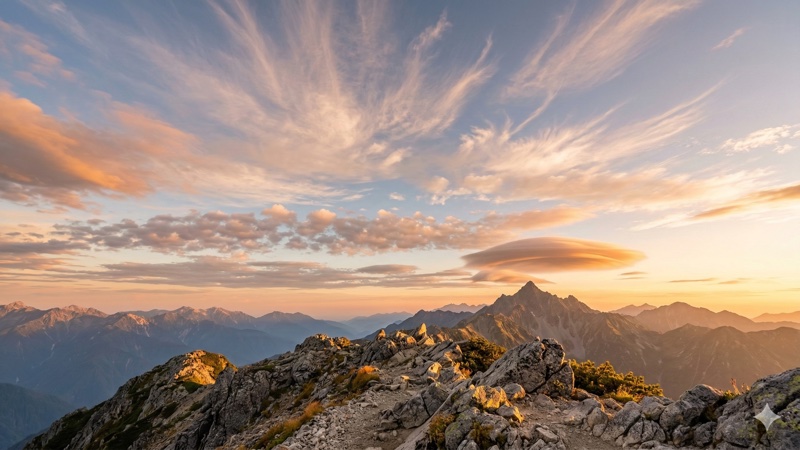 山の上空に広がるさまざまな雲の種類