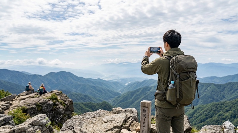 山頂でスマートフォンで写真を撮る登山者