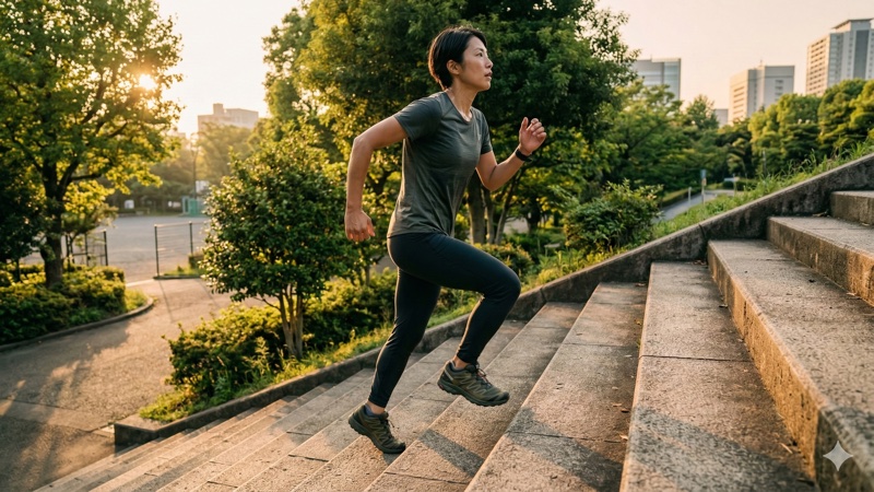 階段を使ってトレーニングする登山者