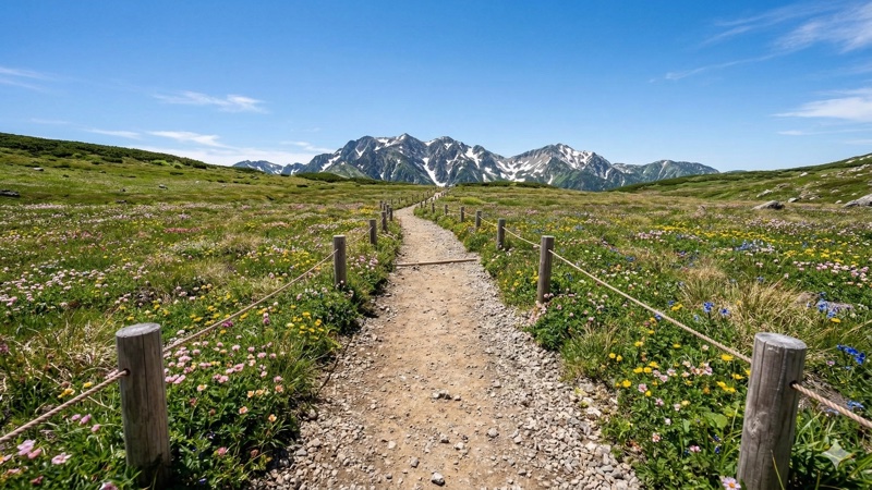 高山植物が咲く登山道と踏圧痕
