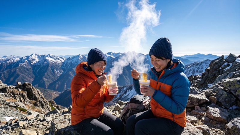 山頂で湯気の立つカップ麺を食べる登山者