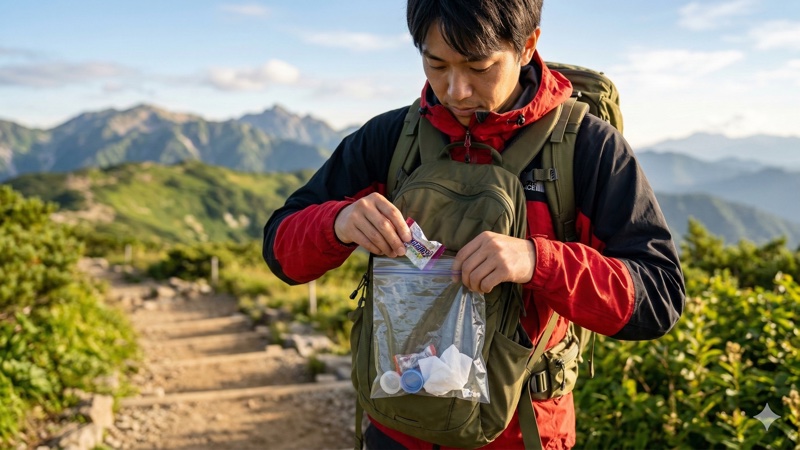 登山道でゴミを拾う登山者