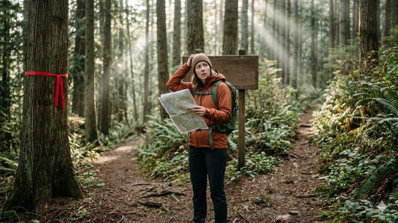 登山道で地図を確認する登山者