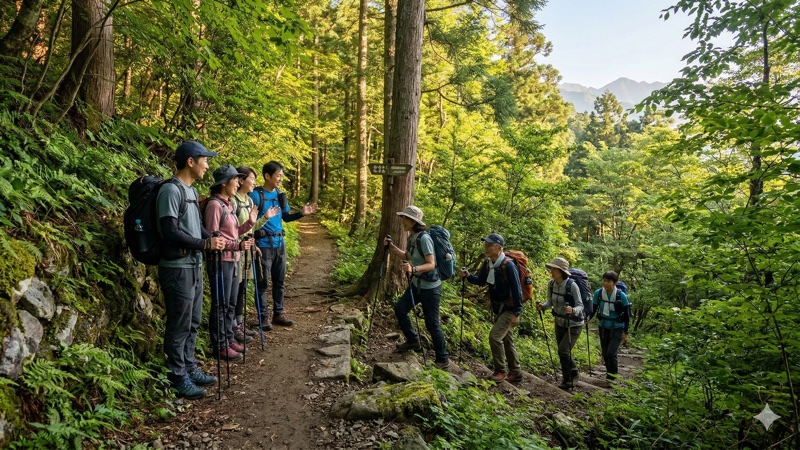 狭い登山道ですれ違う登山者たち