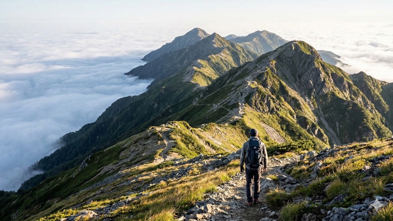 稜線を縦走する登山者と山々のパノラマ