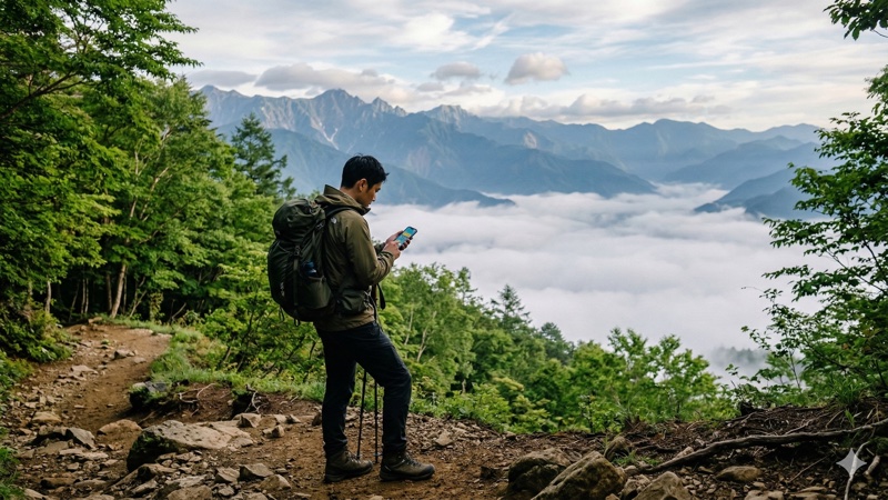 登山者がスマートフォンで天気予報を確認している様子