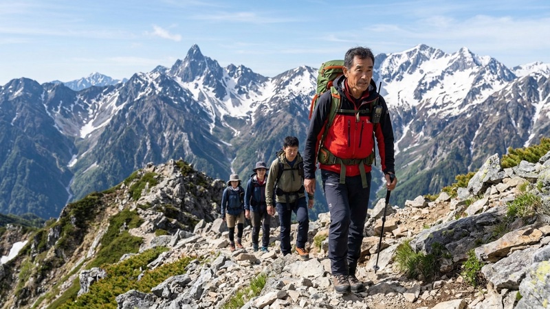 山岳ガイドが登山者を案内する様子