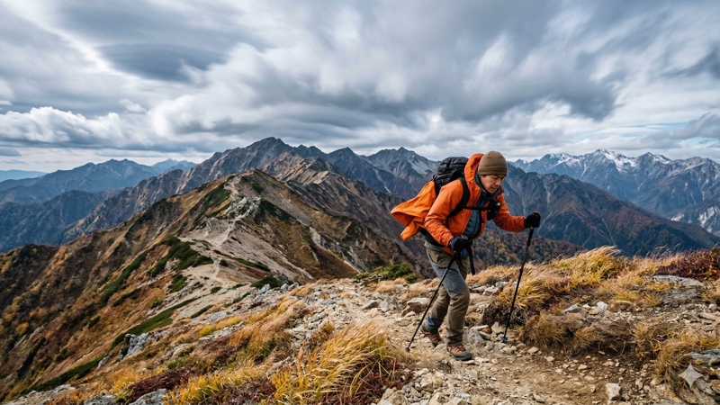 稜線上で強風に備える登山者の装備